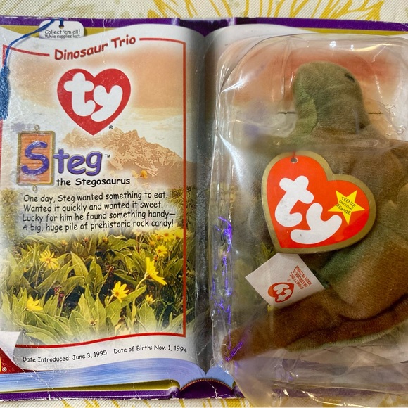Ty Other - Ty (Errors) Vintage Dinosaur Trio Steg Plush - Green, yellow, and Brown